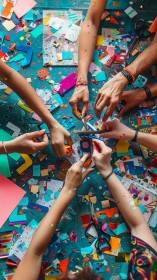 overhead photo of many arms and hands making crafts with colourful paper