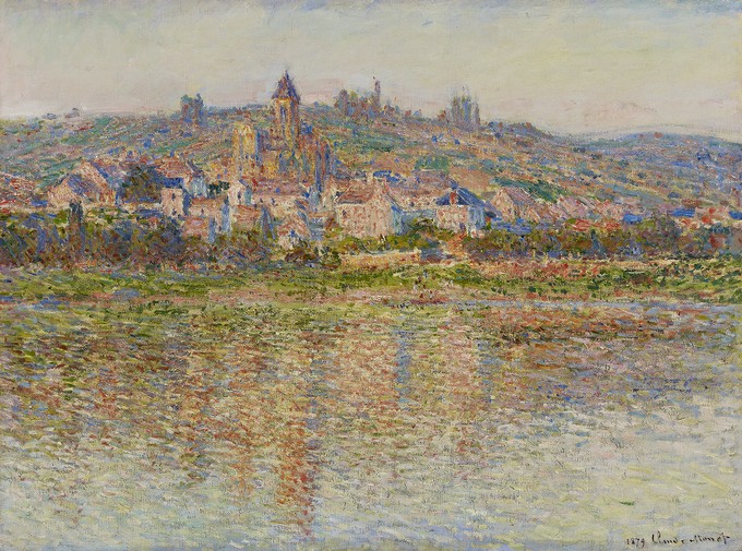 An impressionist painting of a town above a river