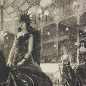 This artwork depicts as scene of women riding in chariots, pulled by horses. The woman in the foreground wears a black gown and ornamental headpiece. Two women ride in chariots in the background wearing similar costumes. Decorative arches, railings and can be seen in the background, along with a blurry crowd of spectators.