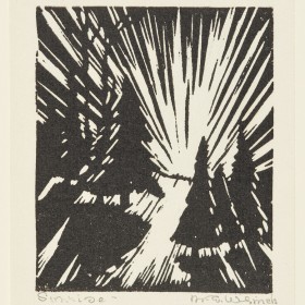 A block print by Mary E. Wrinch consisting of black and white ink on paper. A series of four trees cast shadows on the ground as beams of light shoot from the middle of the frame.