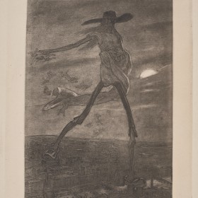 A black and white lithograph. A figure with elongated limbs can be seen in the centre wearing a cloth wrapped around their body. Below the figure there is a cityscape at night. The moon can be seen peaking through the clouds in the distance.