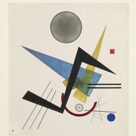 A painting consisting of a dozen geometric shapes: a small red square in the top left corner of the image; a large grey circle outlined in black in the upper-centre; a large blue triangle in the centre; and a series of black lines that run on a diagonal.