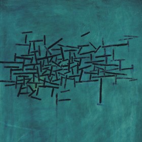 A painting consisting of a series of black marks on a blue and green background. 