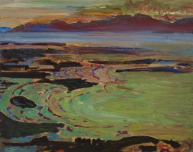 An abstract painting making use of a haze of colors including green, black, purple and blue. A mountain line can be seen in the background, while a dark shore can be seen in the foreground. 