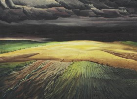 A painting of a large open field made from small green, black and yellow strokes of paint. A dark storm appears above the field, moving forward the foreground. A series of small fences can be seen in the field, lining each section of crops.
