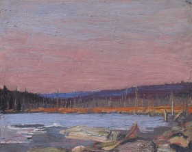 A painting of a landscape. Leafless trees can be found along the horizon with a pink sky above. A lake is in the mid-ground surrounded by a shore made from rocks and orange nondescript flora.