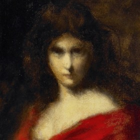 A blurry painted portrait of a girl. She wears a red dress as she stares towards the viewer. Her hair is pinned up. 