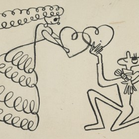 An illustration of two figures exchanging two drawn hearts. The figure on the right bows on one knee as the other, donning a dress, looks down on him. A bouquet of flowers can be found to the left of them held in a top hat.