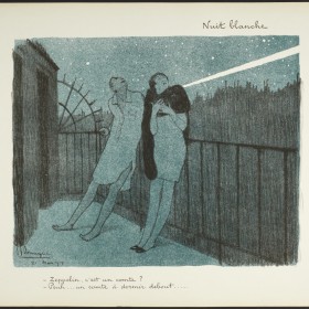 A print in blue, black and white depicted two figures leaning against a thin black railing on a balcony. It is night out and there are small white stars in the sky above the figures. One figure (left) wears a long white dress shirt and no pants. The figure on the right wears a dress and a thick black scarf around their neck.