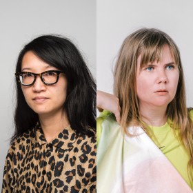 light images of speakers Charlene Lau in a leopard-print shirt and Bridget Moser in pastels