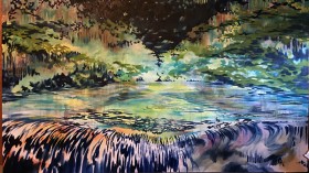 a colourful painting of a beaver pond