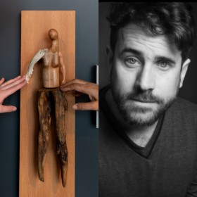 Image split into two: On the left a photo of two hands outside the frame reaching to touch a sculpture by Persimmon Blackbridge. The piece is titled “Soft Touch”, and is a handcrafted figure made of wood, bone and plastic to resemble a person constructed from found objects. It is mounted on a wood panel. On the left black and white photograph of figure looking and smiling at camera 