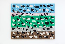 Image of a painting with black and white bunnies all over, with bands of colour in the background, sky blue at the top, then soft pink, bright green, soft gray and earthy brown at the bottom. 