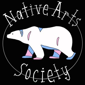 Logo of the Native Art Society featuring a white illustrated polar bear with pink and blue accents against a black background, with Native Arts Society written in white letters in a ring around the polar bear