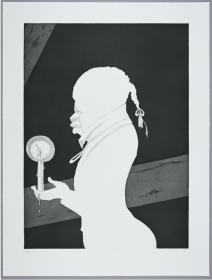 Image of a black and white coloured silhouette of a figure in profile, holding a candle. 