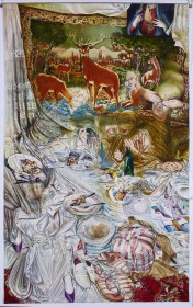 Natalka Husar. Torn Heart, 1994. Table with draping table cloths piiled with dishes, shoes drawings. a pastiche of four female figures and dear overlayed