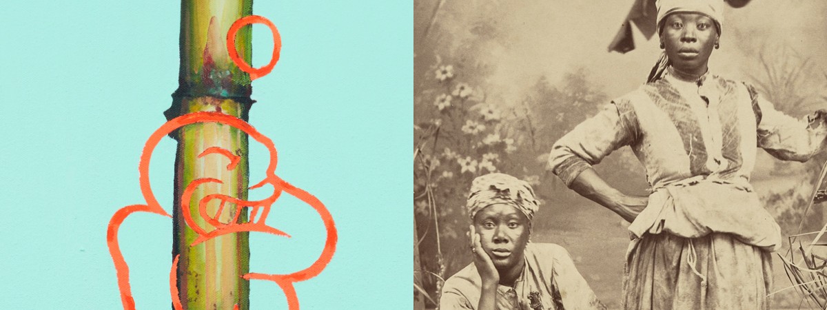 L: oil on canvas of sweet sugarcane with female figure overlay R: albumen print of banana workers, c. 1890. 
