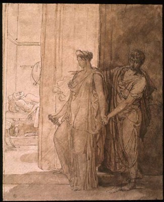 Clytemnestra hesitates before killing the sleeping Agamemnon while her accomplice Egistus urges her on, painting by Pierre Narcisse Guerin