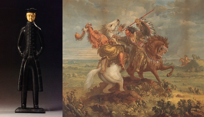Left image: Haida, Queen Charlotte Islands, British Columbia. Sea Captain Figure, c. 1840. Right image: Paul Kane. Death of Omoxesisisany or Big Snake, 1858 c - 1859. 
