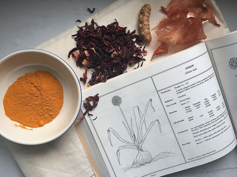 herbs, onion skin, spices next to dyeing recipe book