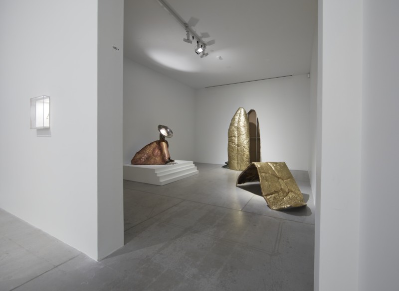 installation view of three large metal scultpures by Kara Hamilton