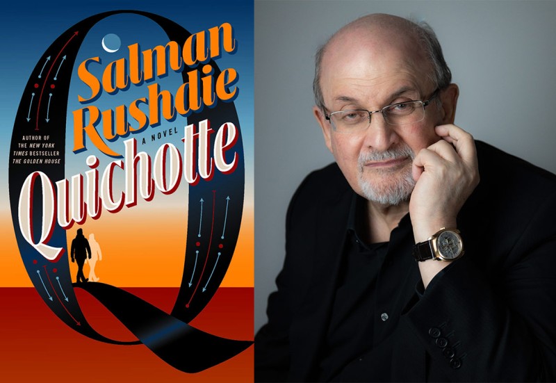 Salman Rushdie and book cover for Quichotte