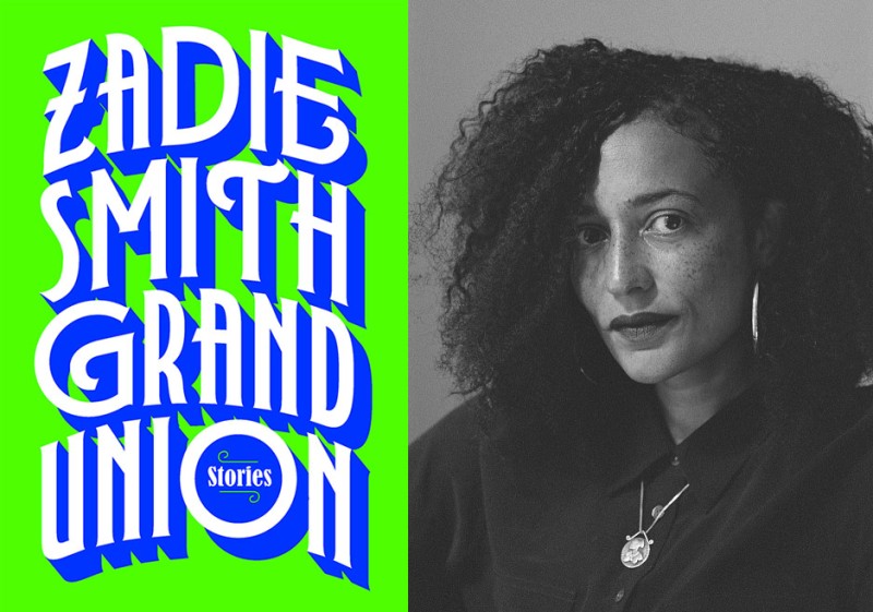 Photo of Zadie Smith, with bookcover for Grand Union
