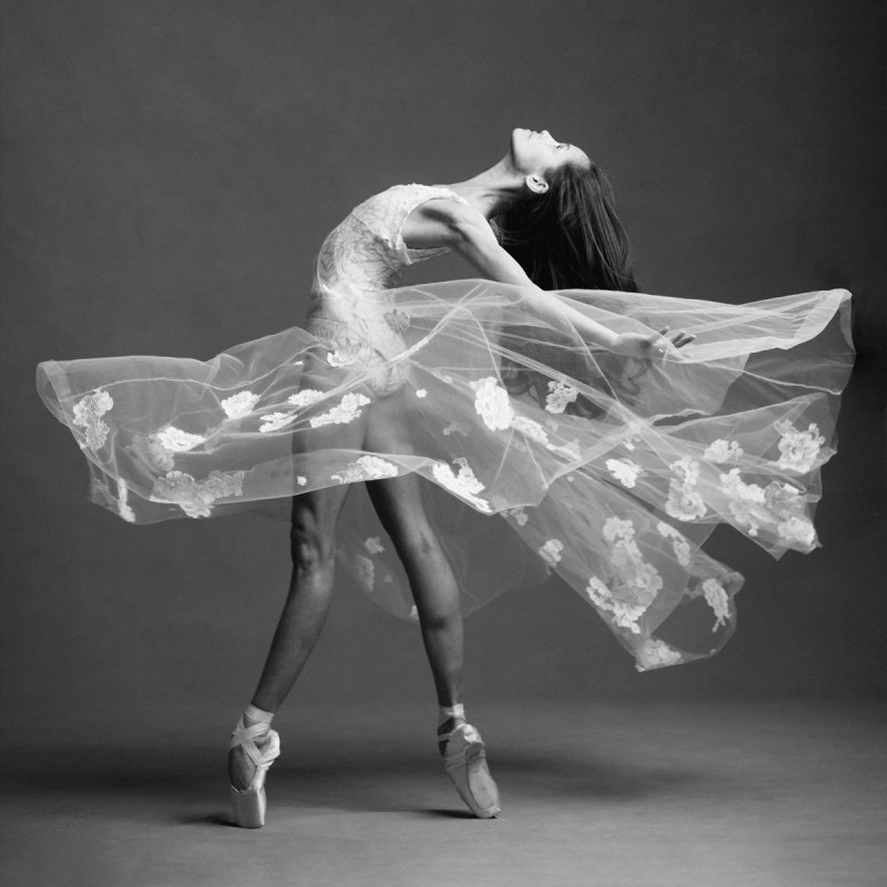 A dancer stands en pointe in a white semi-transparent dress. 