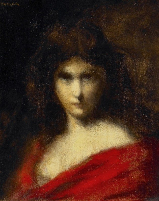 A blurry painted portrait of a girl. She wears a red dress as she stares towards the viewer. Her hair is pinned up. 