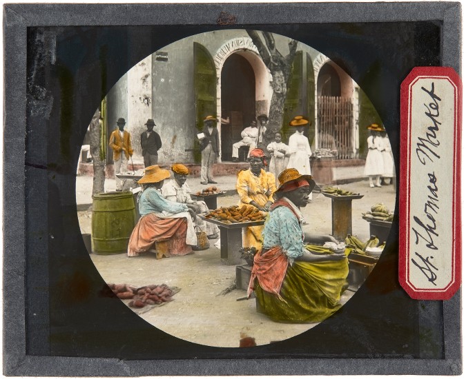 St. Thomas Market, around 1910. Lantern slide: hand-painted gelatin silver on glass.