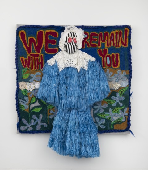 Alberta Whittle. We Remain With You, 2022. Raffia, acrylic, cotton, synthetic braiding hair, doillies, wool, felt and cowrie shells on linen
