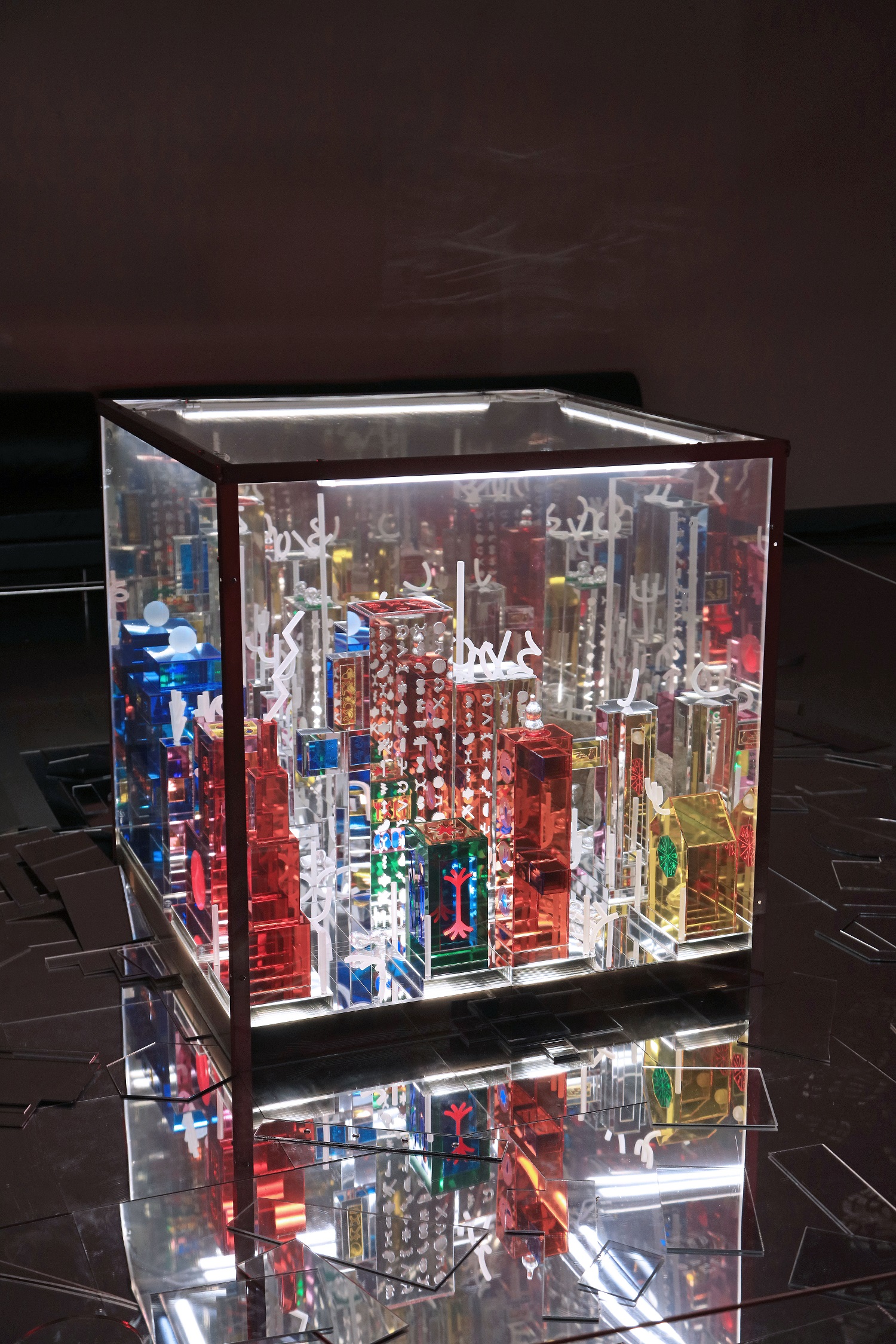 A clear plexiglass box with multicoloured structures inside by artist Camille Fuzz.