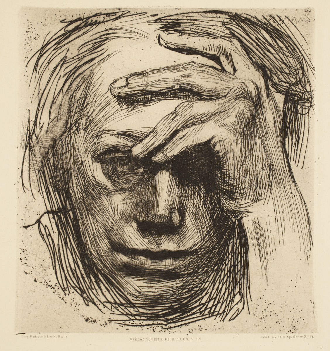 A close-up drawing of a woman's forlorn face, titled "Self-portrait with hand to forehead" by Kathe Kollwitz.