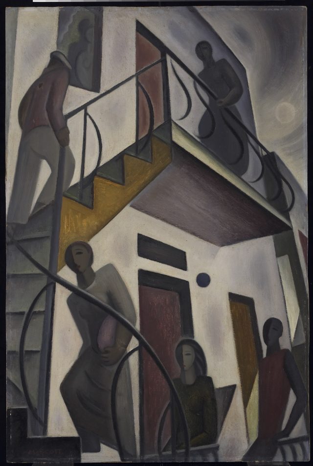 Marian Dale Scott's painting Tenants, featuring figures on a Montreal-inspired staircase.