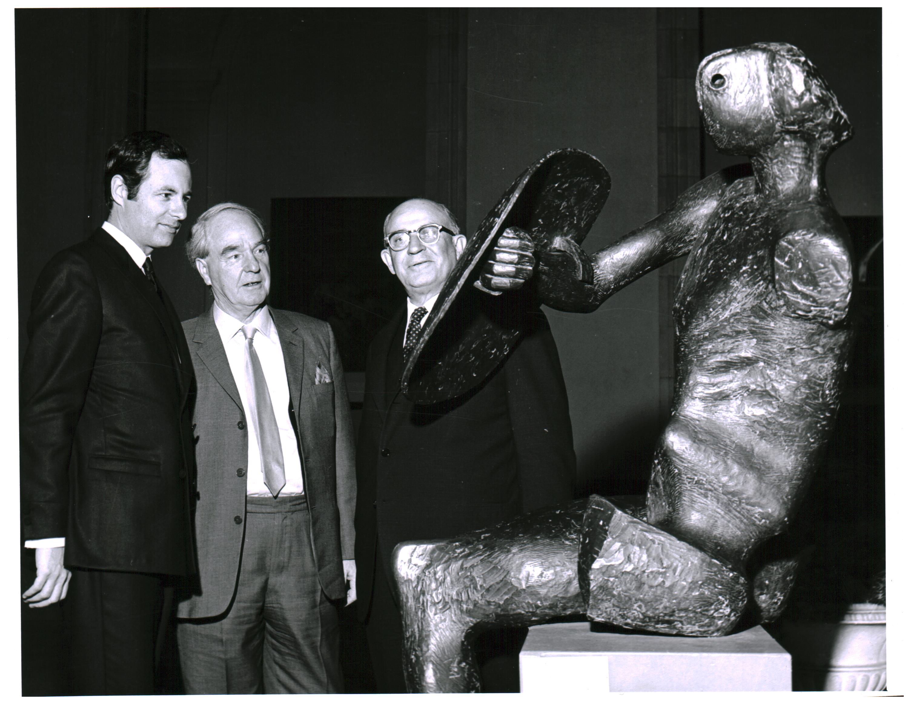Bill Withrow (left) with sculptor Henry Moore (middle) and Mr. S.J. Zacks (right) with work Warrior with Shield