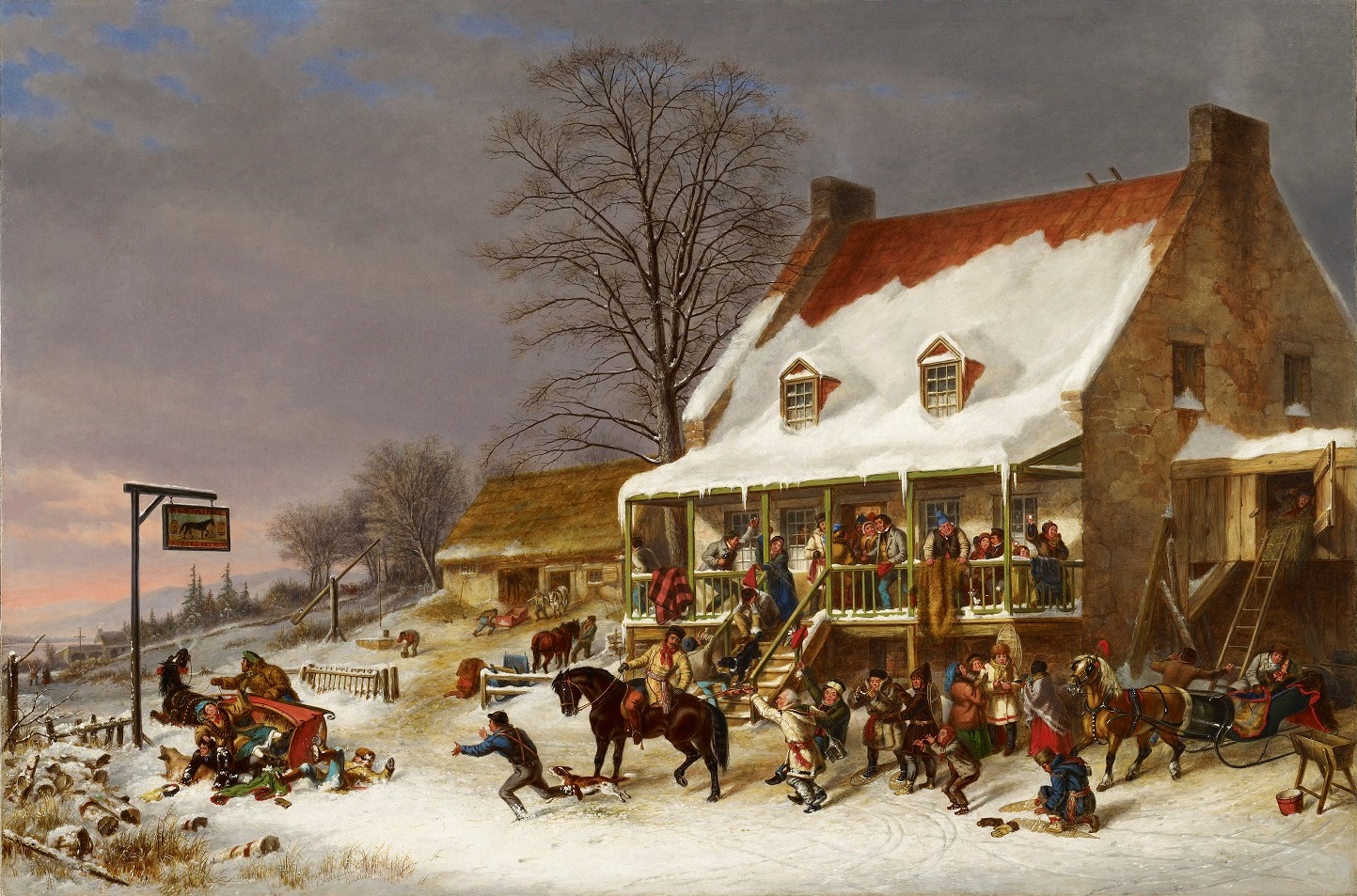 A crowd of revelers outside of a house in a winter scene