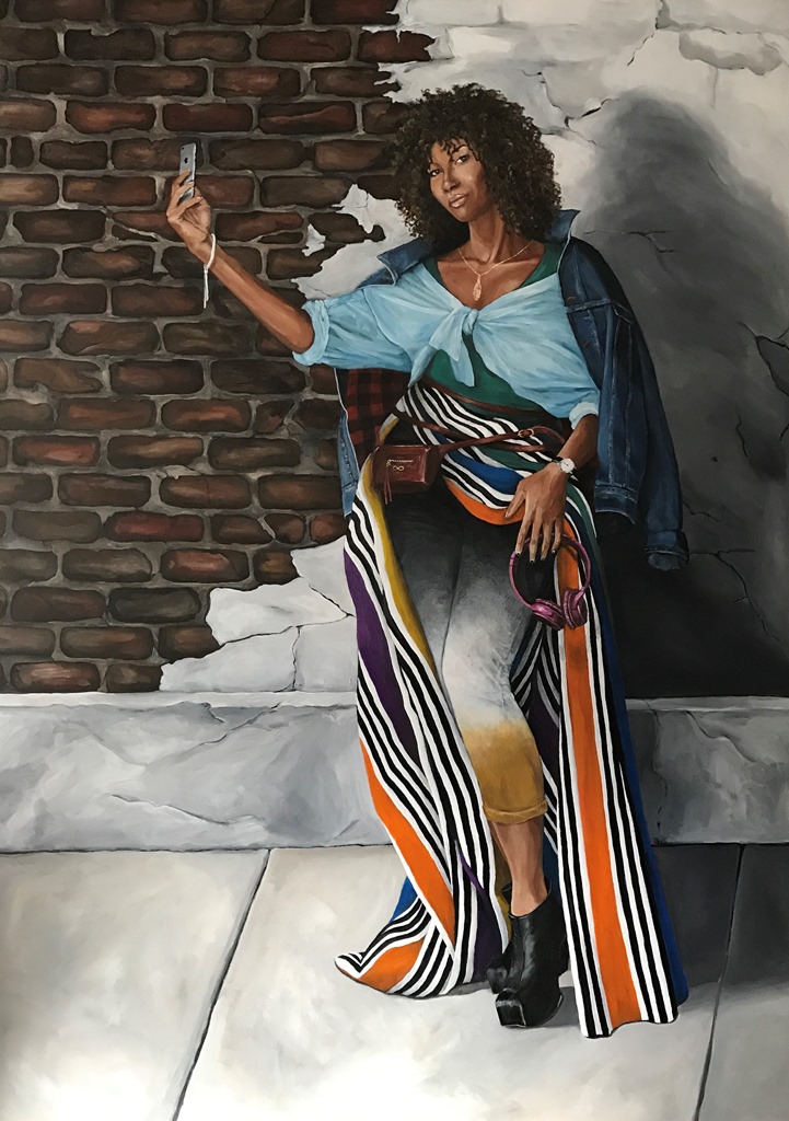 Painting of a young woman taking a selfie.