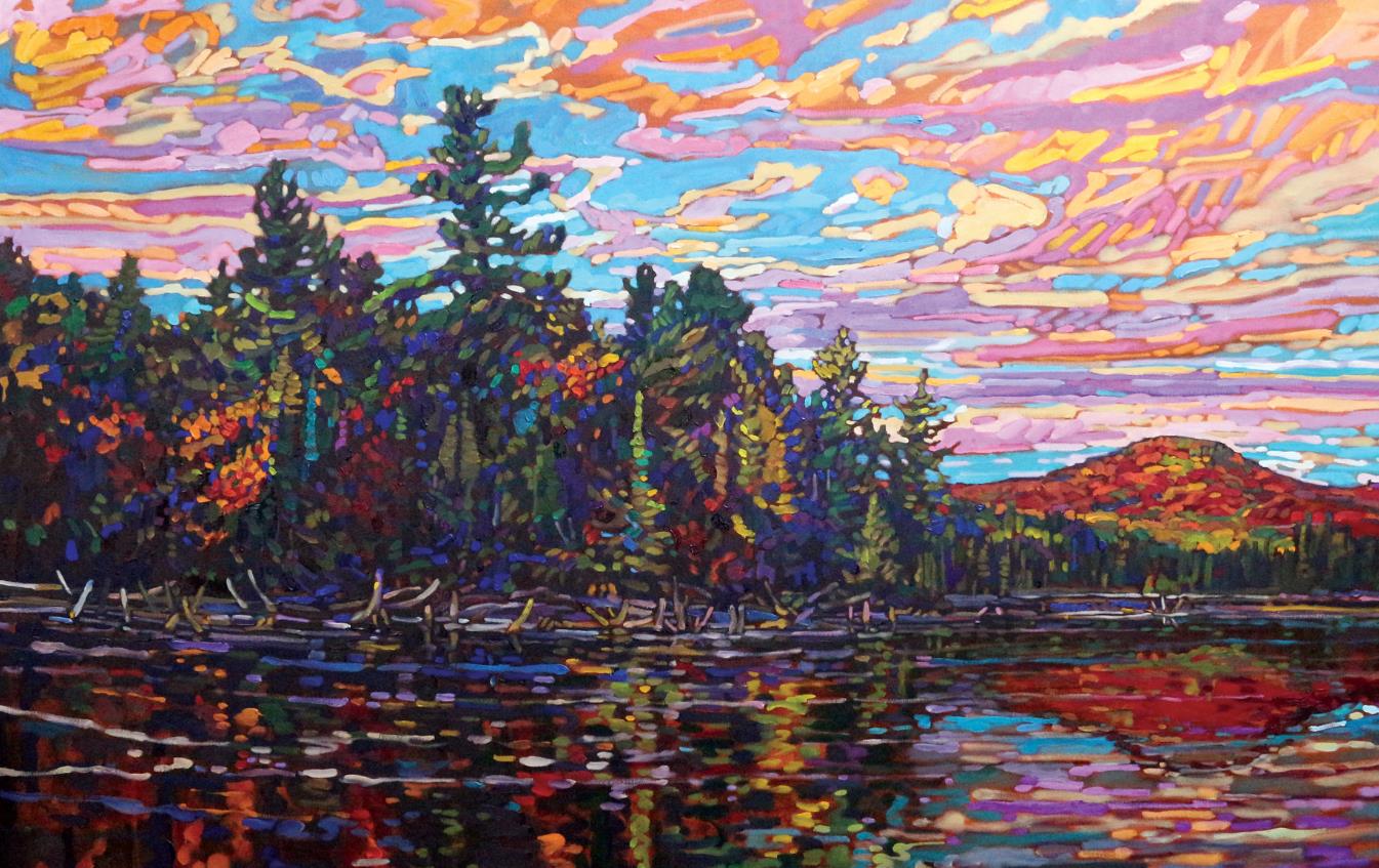 A painting of trees above a lake