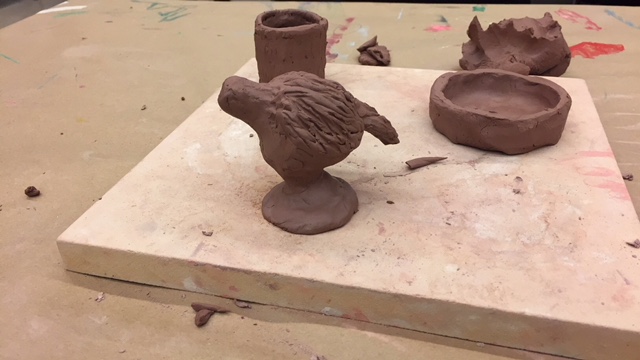 Clay bird, coil pot and pinch pot