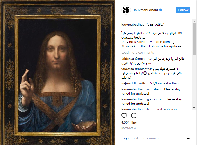 An instagram post of Da Vinci's Salvator Mundi