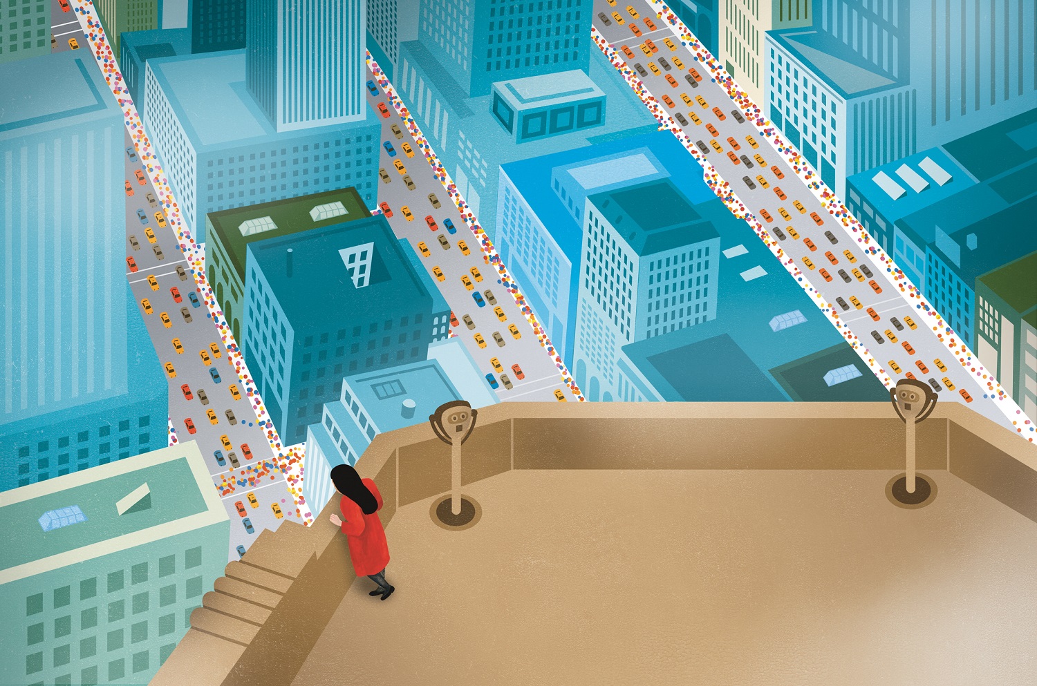 An illustration of Yayoi Kusama looking down from a tall building at the crowded streets of New York City.