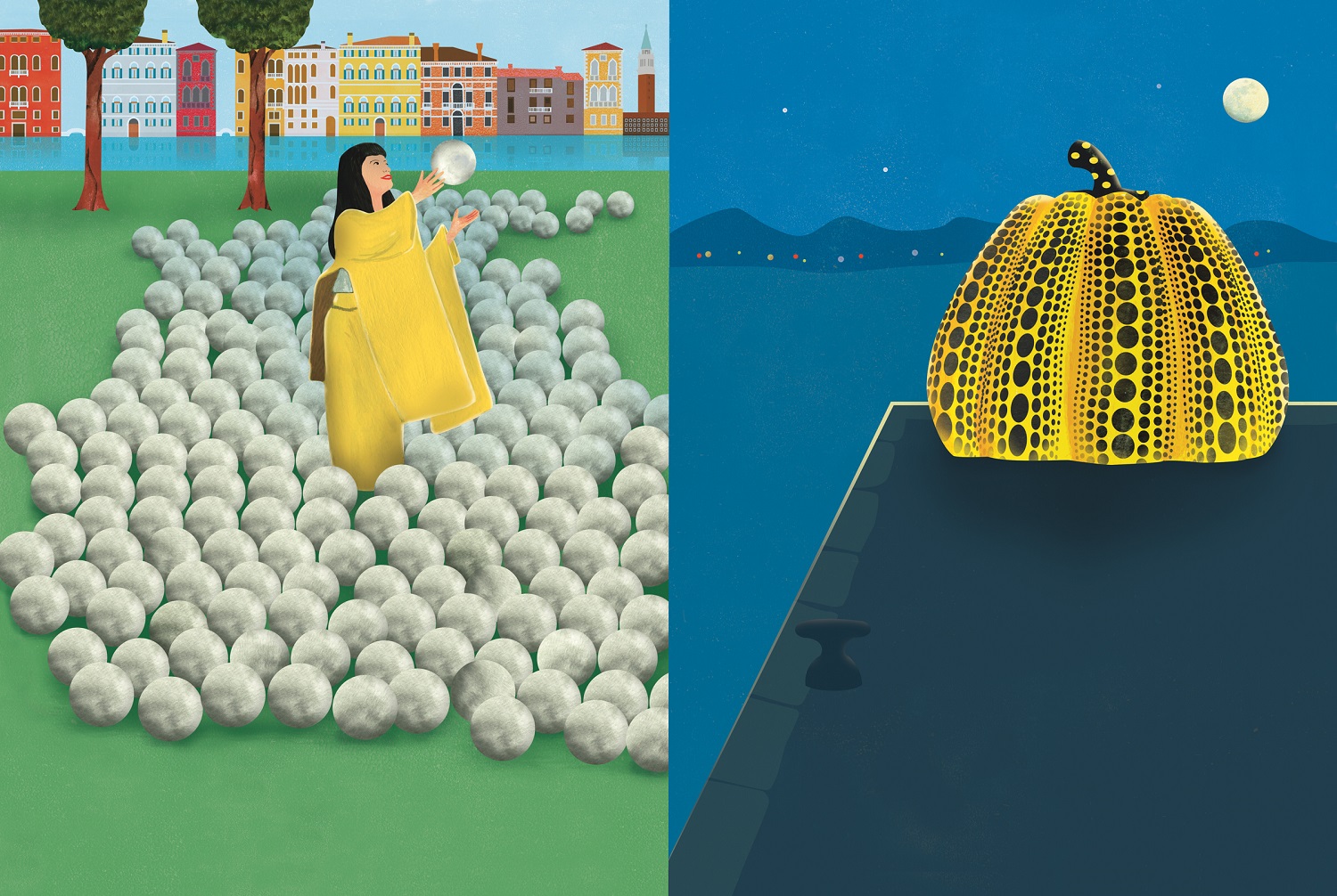 Ellen Weinstein's illustrations Yayoi Kusama in her installation Narcissus Garden, and her 1994 public art installation Pumpkin in Naoshima. 