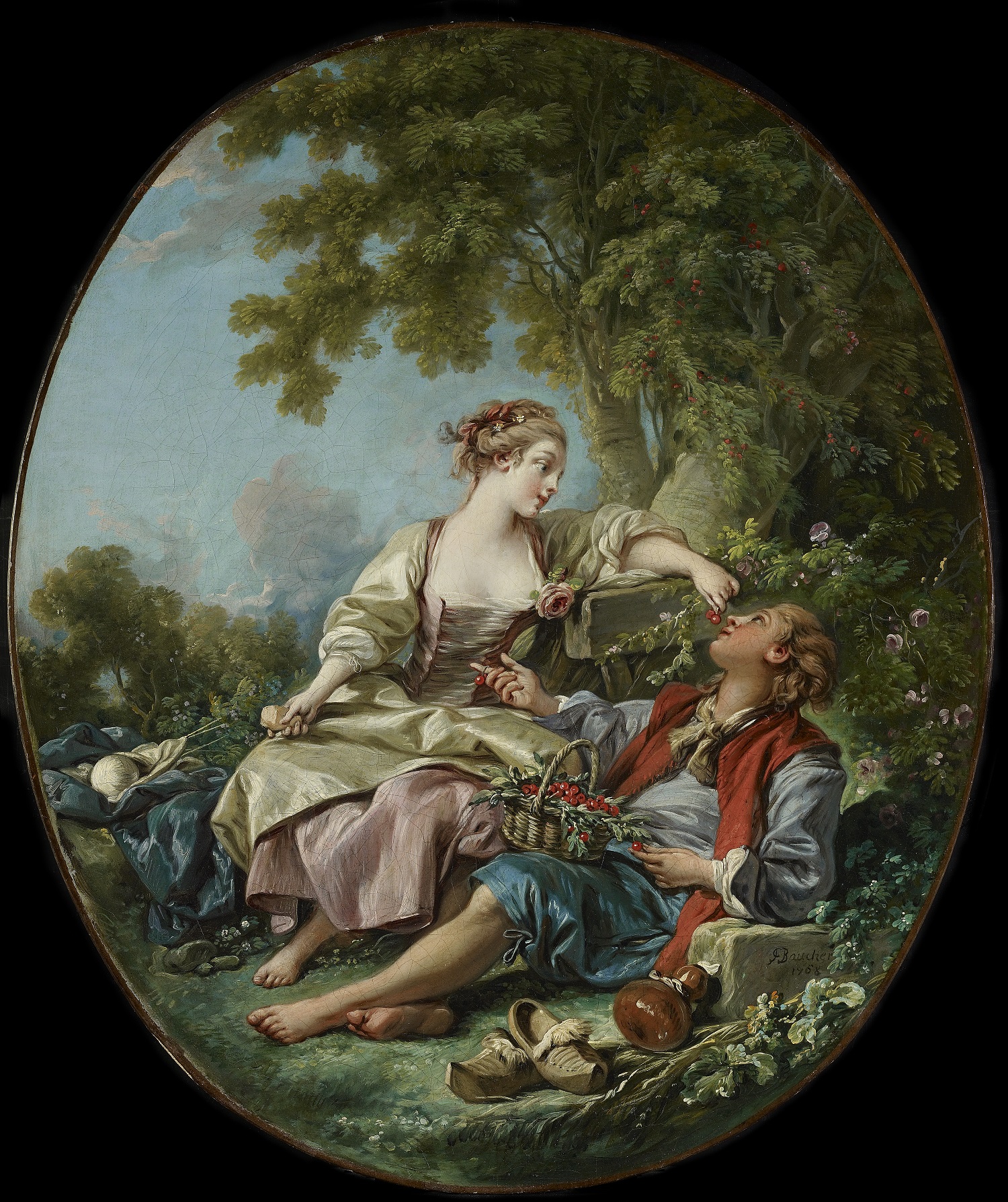 A painting of a man and woman reclining in a bush
