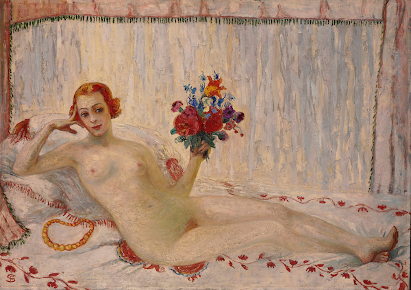A painting of a nude woman reclining holding a boquet of flowers
