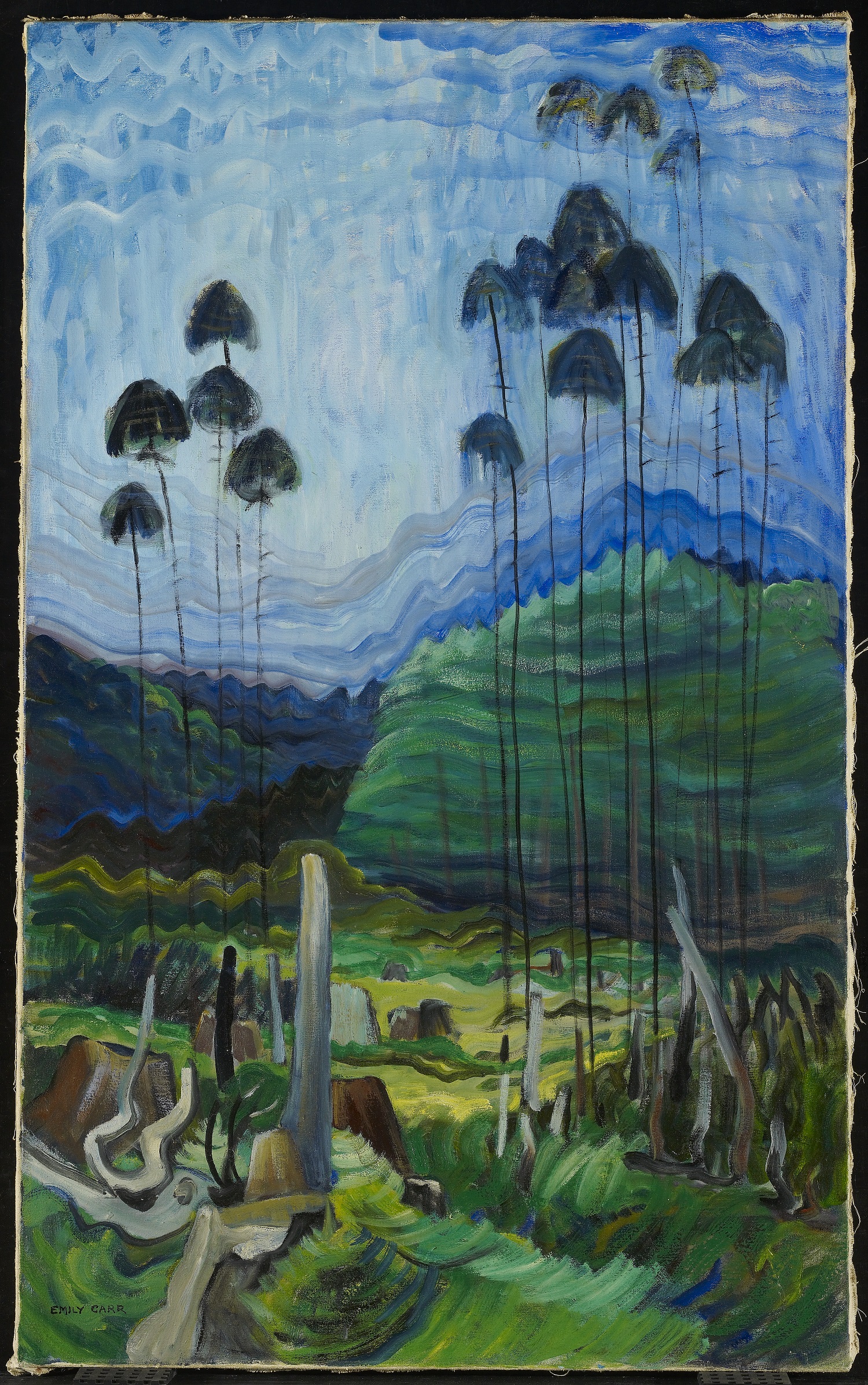 A painting of tall, thin trees before a blue sky and green hills