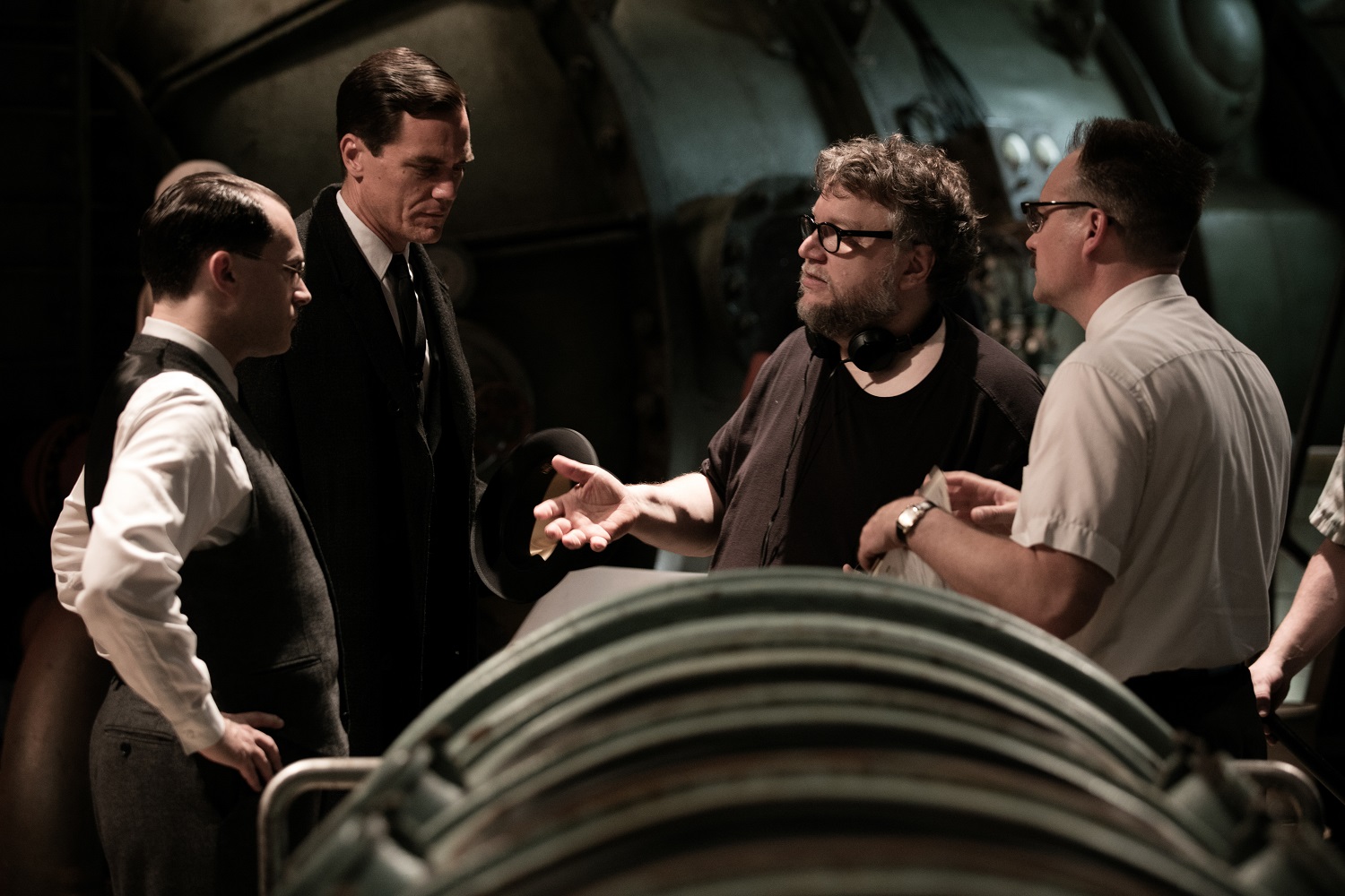 Michael Stuhlbarg, Michael, Shannon, Director/Writer/Producer Guillermo del Toro and David Hewlett on the set of THE SHAPE OF WATER