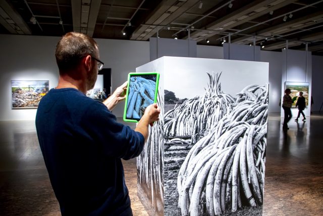 Person using Virtual Reality screen with artwork