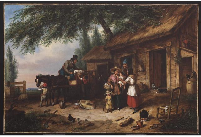 A painting of a family standing around a horse