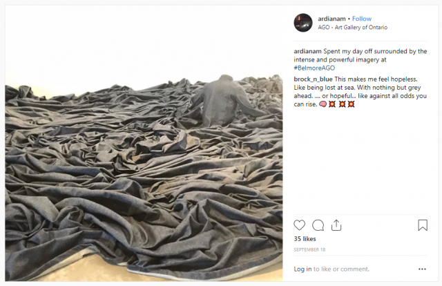 Social media image of Belmore's denim sculpture