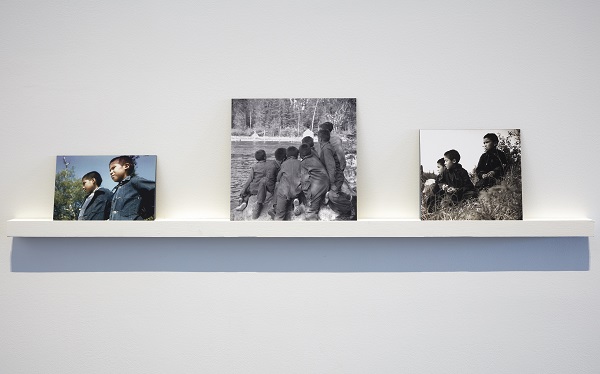 Three images of children resting on a ledge